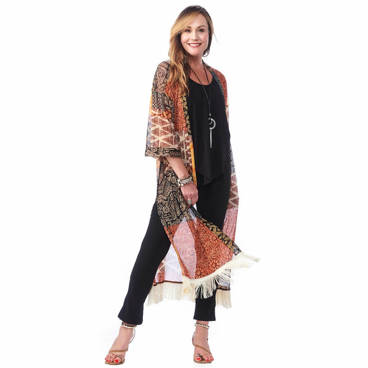 Long Print Fringe Kimono