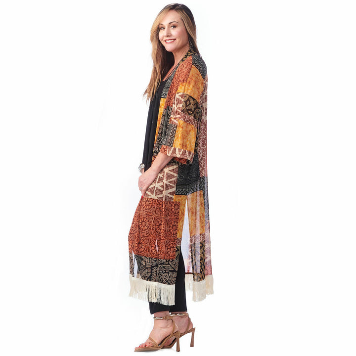 Long Print Fringe Kimono