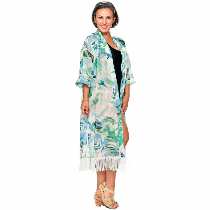 Long Print Fringe Kimono